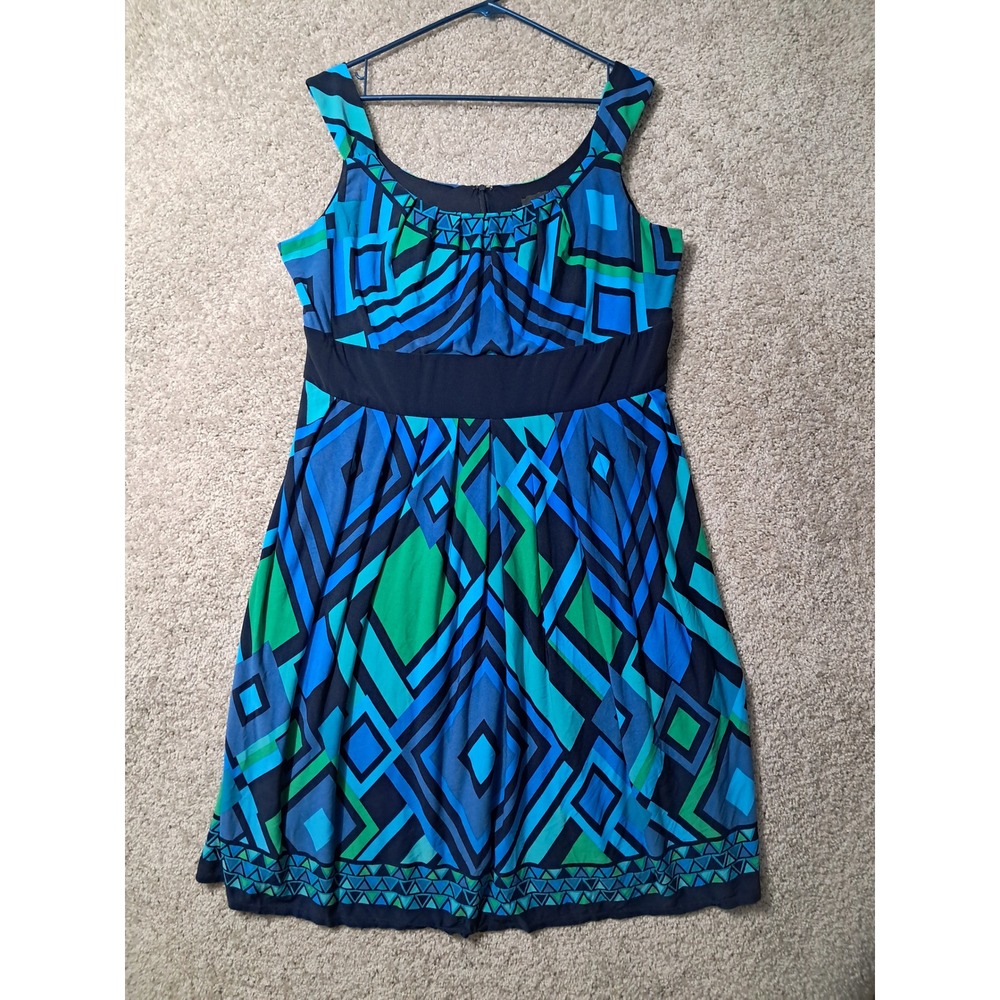R&M Richards Dress Women 18W Blue Green Geometric Diamond Empire Sleeveless